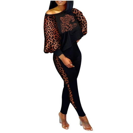Ecqkame Women Vintage Two Piece Set Clearance Women s Fashion Spring And Summer Printing Casual Round Neck Top+pants Two-piece Set Brown S