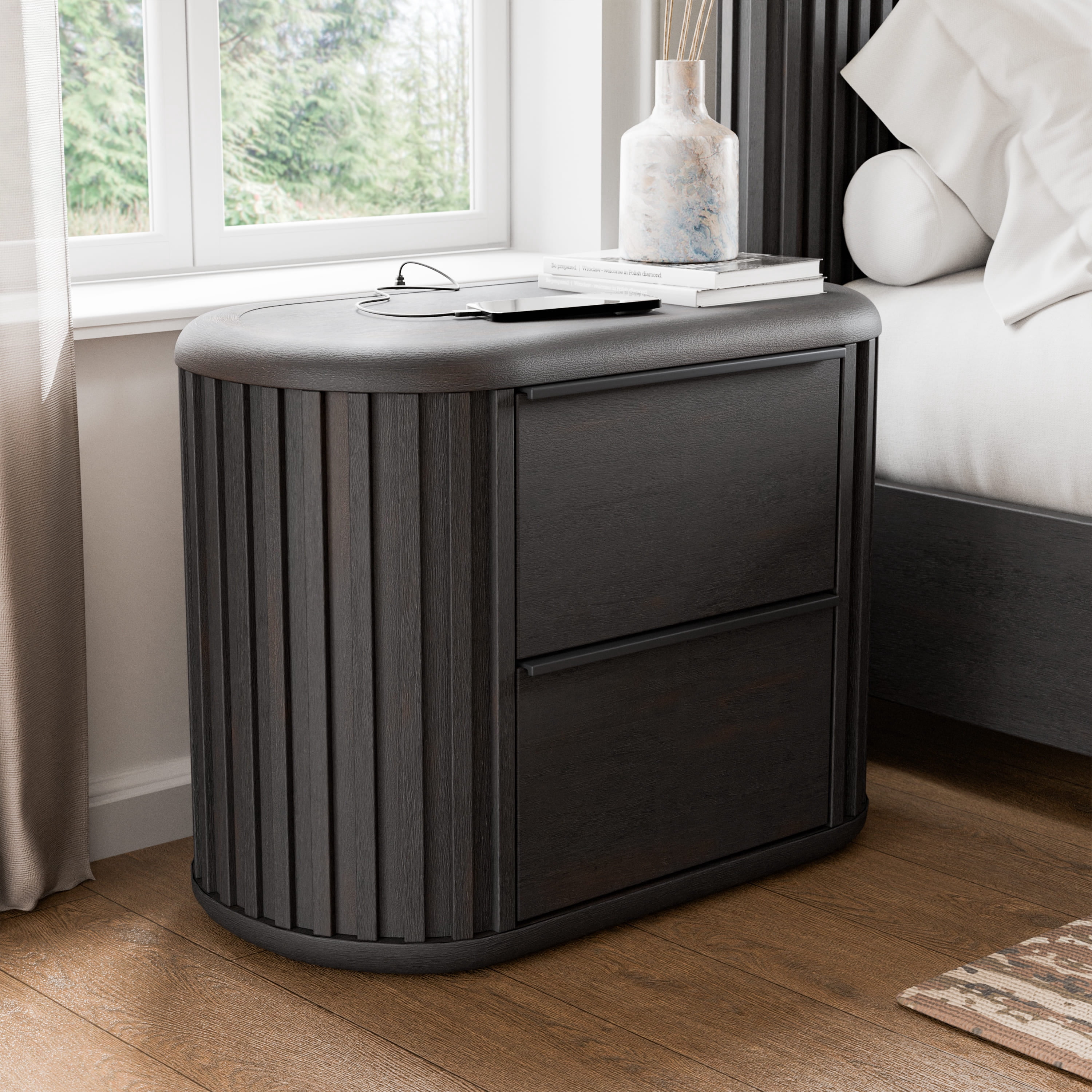 Furniture of America Kaelin Modern Fluted and Rounded 2-Drawer Nightstand, Black