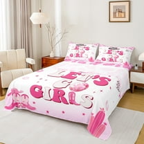 Feelyou Girly Pink Western Queen Sheet Sets for Kids, Cowgirl Cowboy Flat Sheet, Princess Cactus Boots Queen Fitted Sheet, Super Cozy Room Decor, 4 Pieces