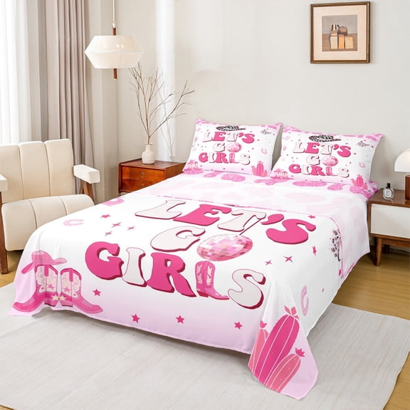 Feelyou Girly Pink Western Full Size Sheets for Kids, Cowgirl Cowboy Bed Sheets, Princess Cactus Boots Sheet Sets, Super Cozy Room Decor, 4 Pieces