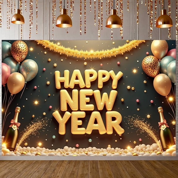 Gold Glitter Happy New Year Banner Balloon Decor New Year Banner Confetti Design Golden Ribbon Celebration Banner for New Year Party Holiday Celebration Indoor Decoration
