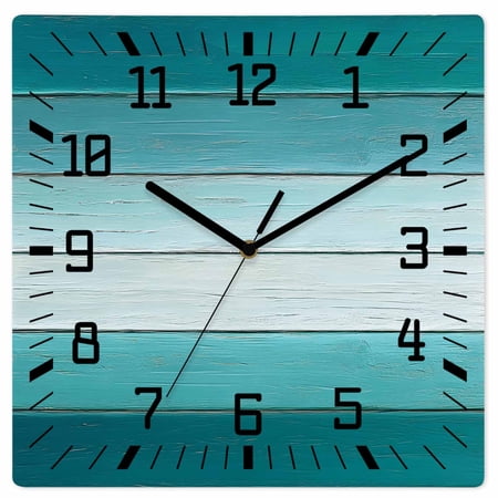 Teal Turquoise Wooden Wall Clock Silent Non Ticking, Farmhouse Abstract Gradient Wooden Plank Square Wall Clocks Battery Operated, Decor Clock for Home Office, Living Room, Kitchen, 10 Inch