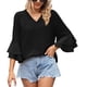 thumbnail image 1 of Blusa informal de color puro para aventuras de verano y uso en la oficina, blusa negra XXL con escote en V y mangas con volantes, 1 of 6