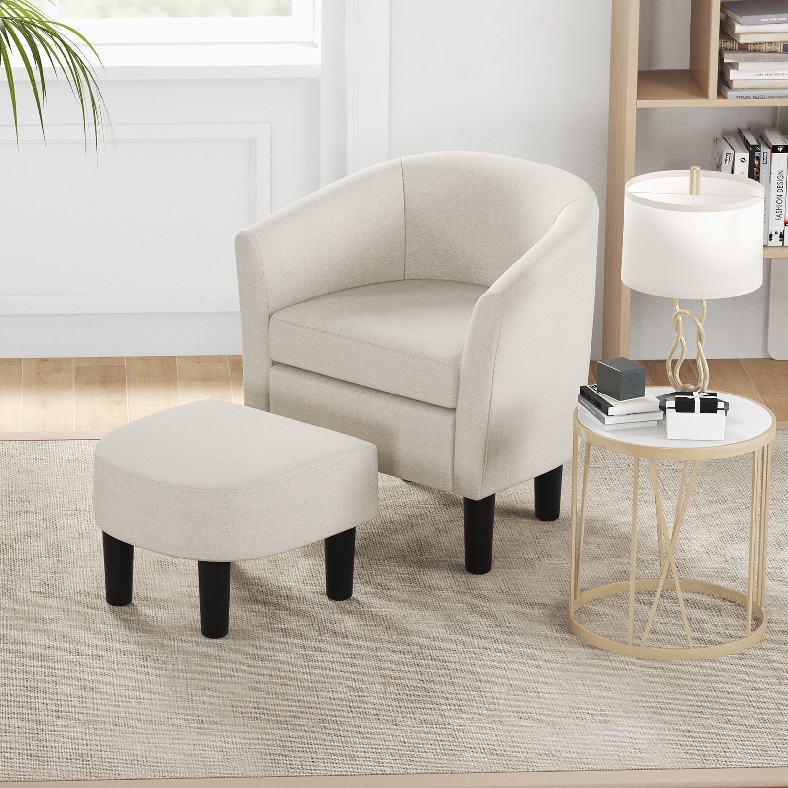 Giantex Barrel Accent Chair w/Ottoman, Comfy Linen Fabric Armchair