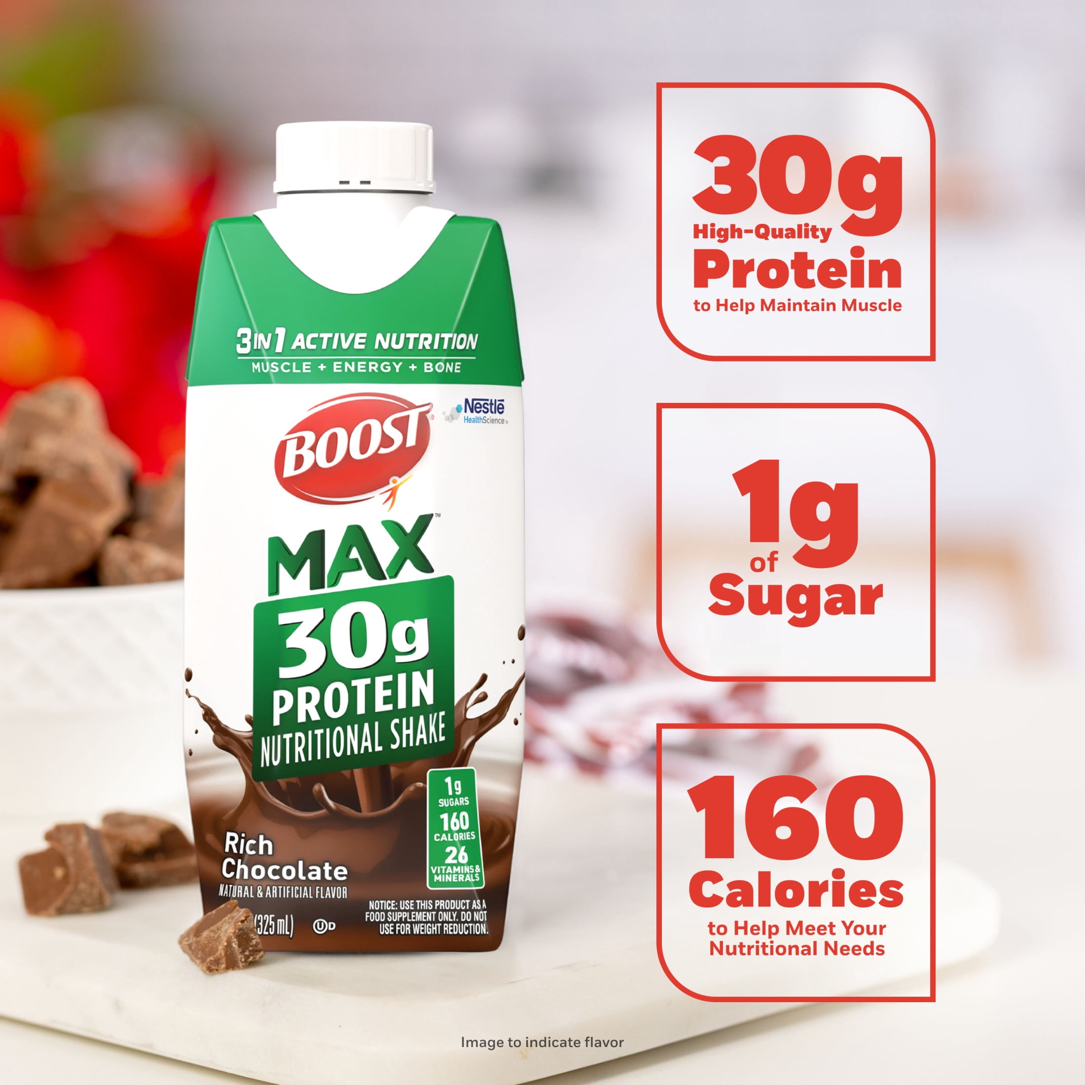 (3 pack) BOOST Max 30g High Protein Nutritional Drink Shakes, Rich Chocolate, 11 fl oz, 4 Pack