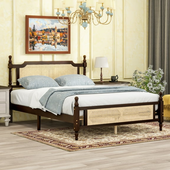 Queen Bed Frame with Rattan Headboard & Footboard,Central Support Feet,Slat,Easy Assembly,Wood Bed Frame,for Bedroom,80.3"x62.5"x42.4",Espresso