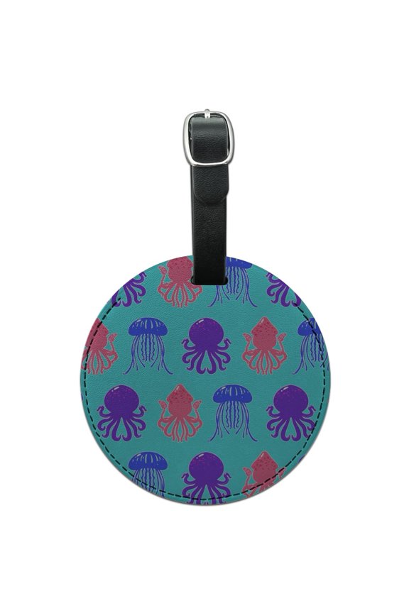 Cute Jellyfish Octopus Squid Tentacles Pattern Round Leather Luggage Card Suitcase Carry-On ID Tag