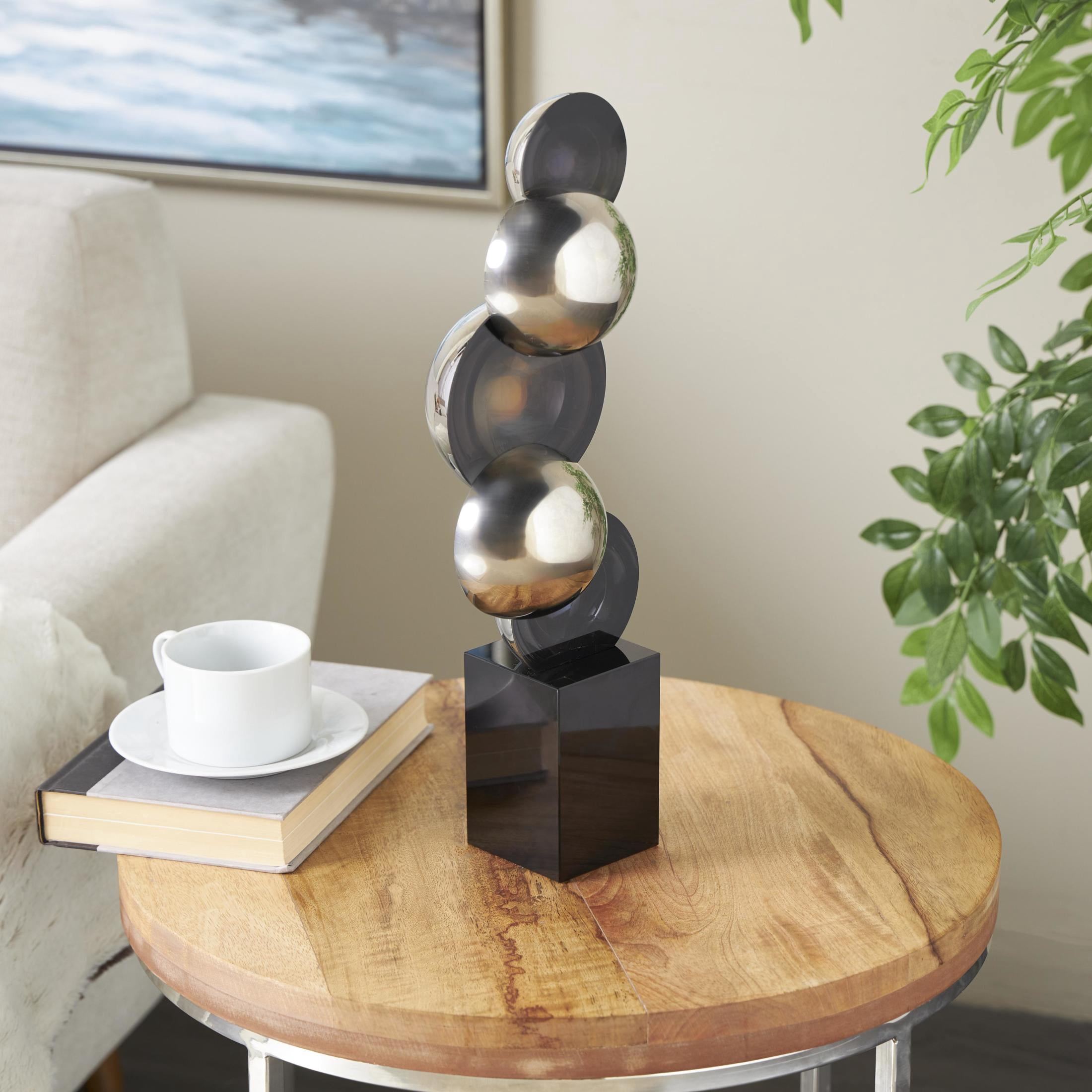 6" x 18" Black Glass Stacked Orb Abstract Sculpture with Black Base, by DecMode