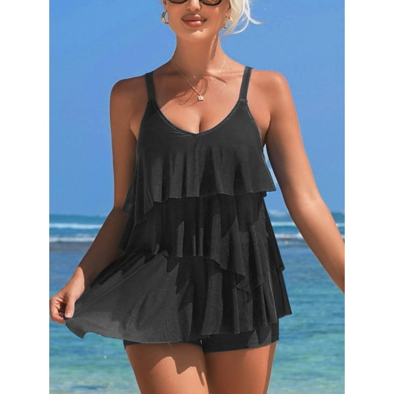 Sociala Flowy Two Piece Swimsuit for Womens Ruffled Layer Tankini Sets with Boyleg Shorts