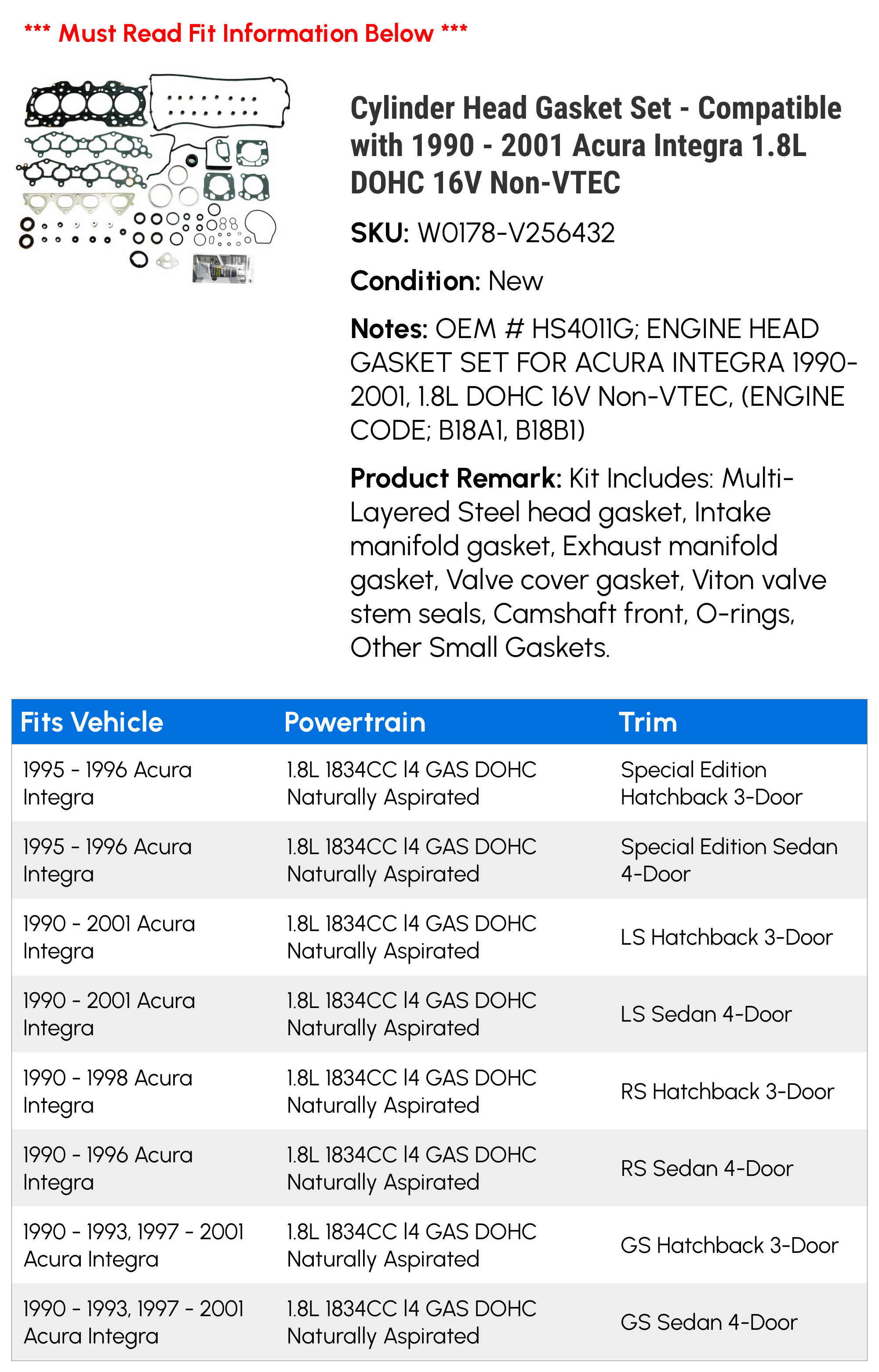 Cylinder Head Gasket Set Compatible with 1990 2001 Acura Integra 1.8L  DOHC 16V Non-VTEC 1991 1992 1993 1994 1995 1996 1997 1998 1999 2000 