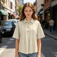 thumbnail image 6 of Grblisyd Boys Girls Polo Shirts Kids Solid Color Button Up Short Sleeve School Uniform V Neck Cotton Linen Shirt 10-12 Years, 6 of 6