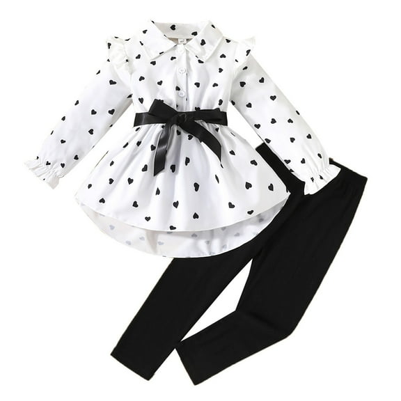 Hienoo Toddler Girls Outfits Hearts Print Ruffle Long Sleeve Shirt & Pants Set, Sizes 3-4T