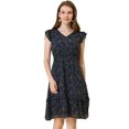 thumbnail image 1 of INSPIRE CHIC Women's Floral Flutter Sleeves V Neck Smocked Ruffle Dress Dark Blue XS, 1 of 5