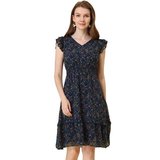 INSPIRE CHIC Women's Floral Flutter Sleeves V Neck Smocked Ruffle Dress Dark Blue L