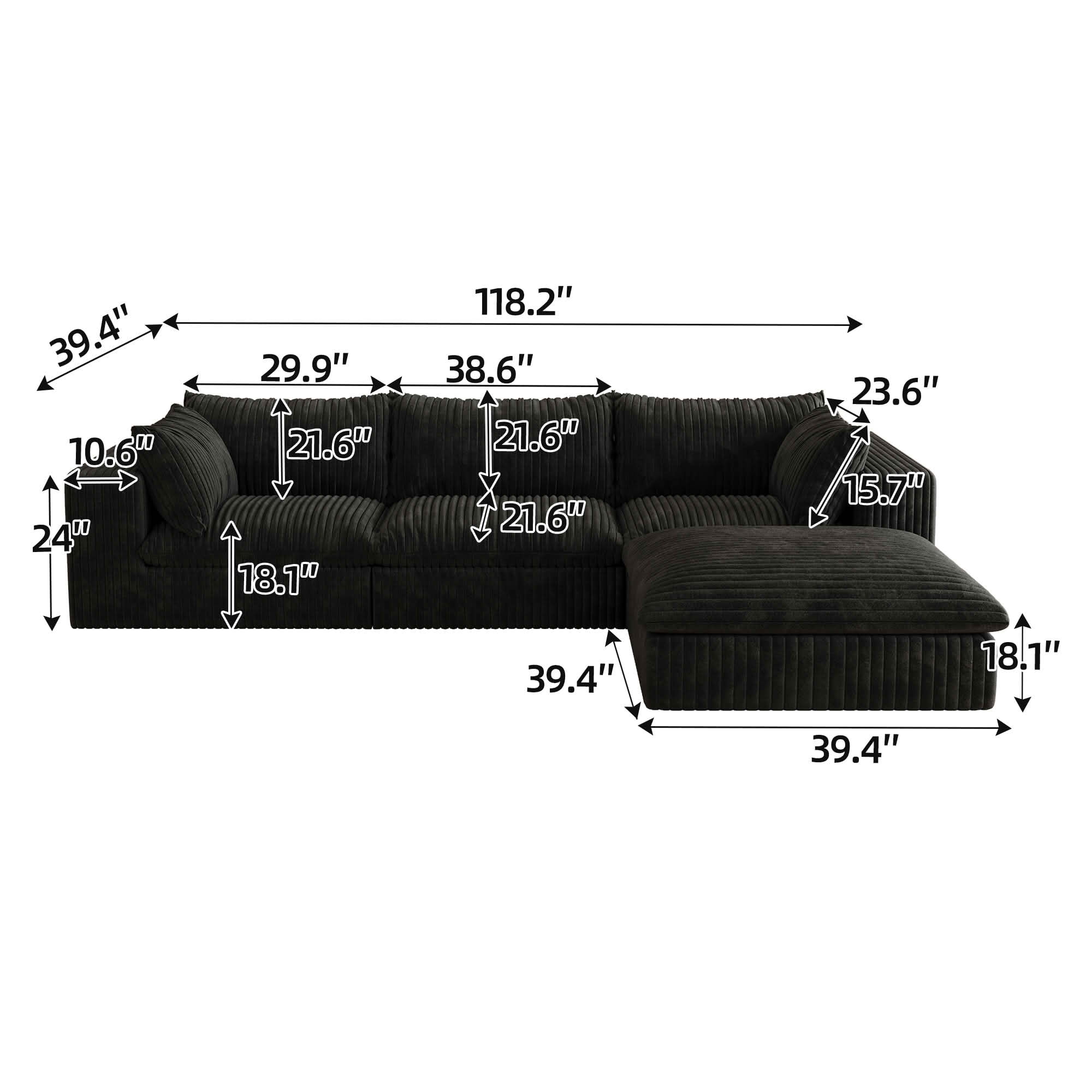 MAYEERTY 118.2" Cloud Corduroy Sofa, Deep Seat Double-Layer Design, Removable Cushion No Assembly, DIY Combination, Black