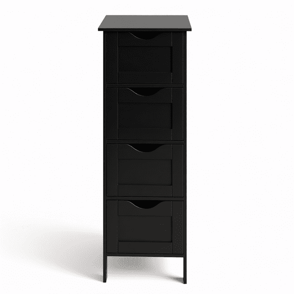 Slim Bathroom Floor Cabinet, 4-Drawer Wooden Freestanding Storage Unit for Narrow Spaces, Compact Organizer for Bathroom, Kitchen, Hallway & Office, Matte Black Finish