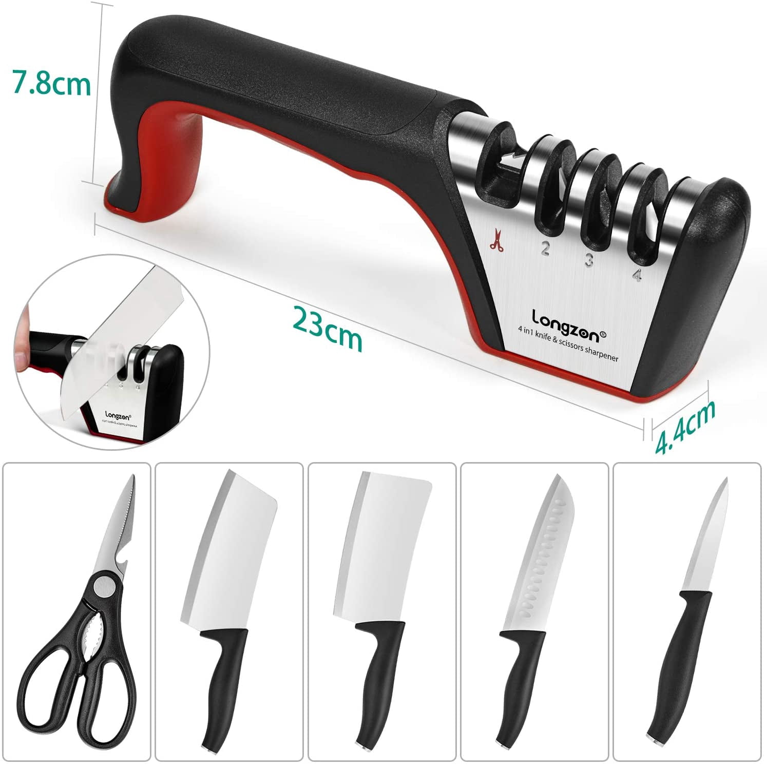 5-in-1 Knife Sharpener [4 Stage] with a Pair of Cut-Resistant Glove, Original Premium Polish Blades, Best Kitchen Knife Sharpener Really Works for Fruit and Steel Knives, Scissors-Black+Red