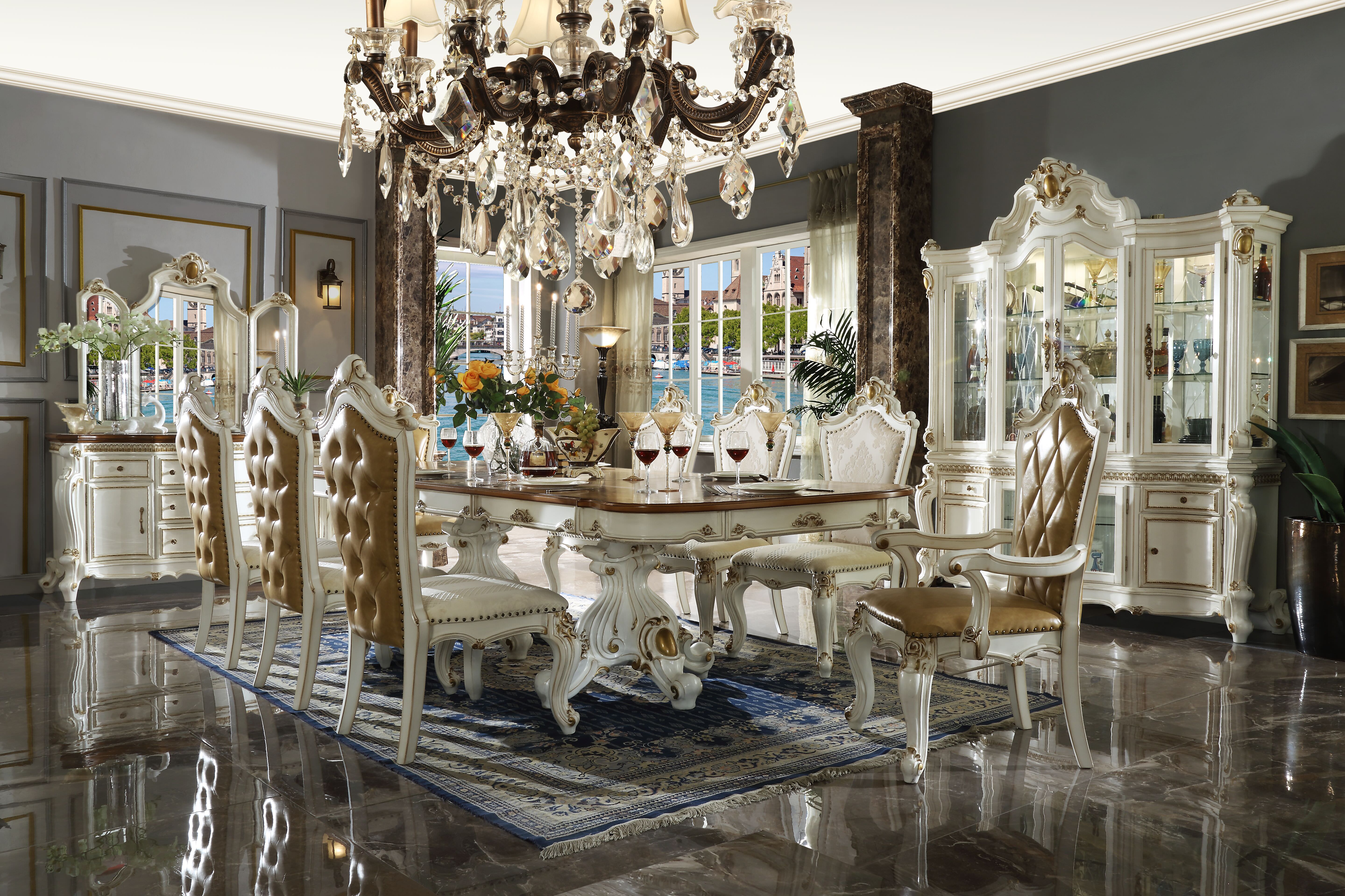 Acme Picardy Dining Table With Double Pedestal In Antique Pearl