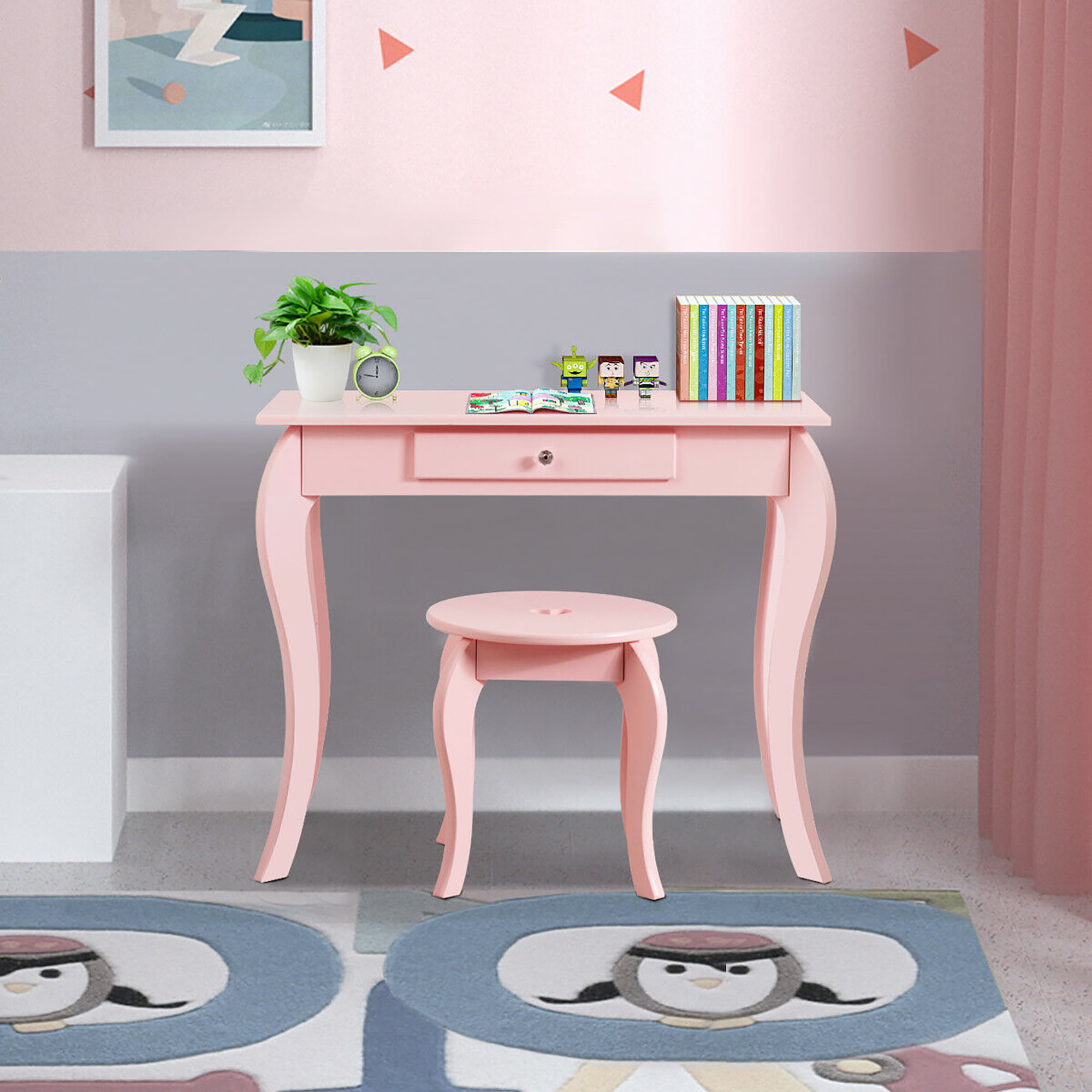 Filles rose Coiffeuse avec miroir et tabouret commode en bois pour les enfants tiroirs de meubles pour enfants et tabourets pour les enfants,Pink