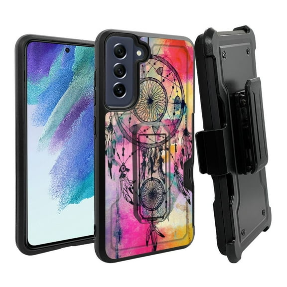 ANJ  Rugged Dual Layer Shockproof Holster Case w/Card Slot, Kickstand   Tempered Glass for Samsung Galaxy S21 FE 5G - Abstract Dreamcatcher