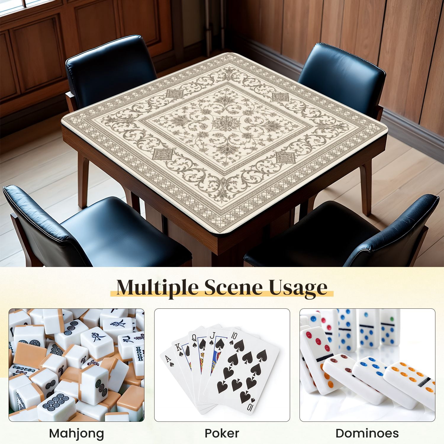 Mahjong Mat 31.5" x 31.5" Ornate Vintage Floral Square Intricate Vine Motifs Neutral Beige Tones Non-Slip Noise Reduction Mahjong Tiles Table Cover for Dominoes Poker Card Board and Tile Games
