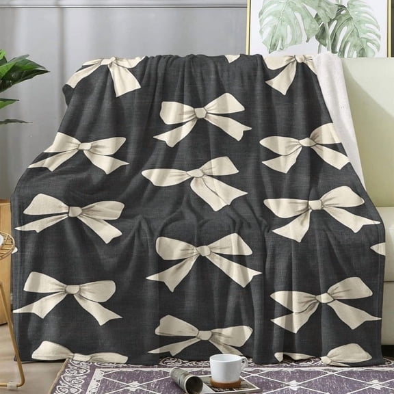 King Size Bow Bed Blanket - Soft Cozy Flannel All-Season Throw with Charming White Bows on Dark Background, 108x90 Inches for Couch, Sofa & Bed Decor