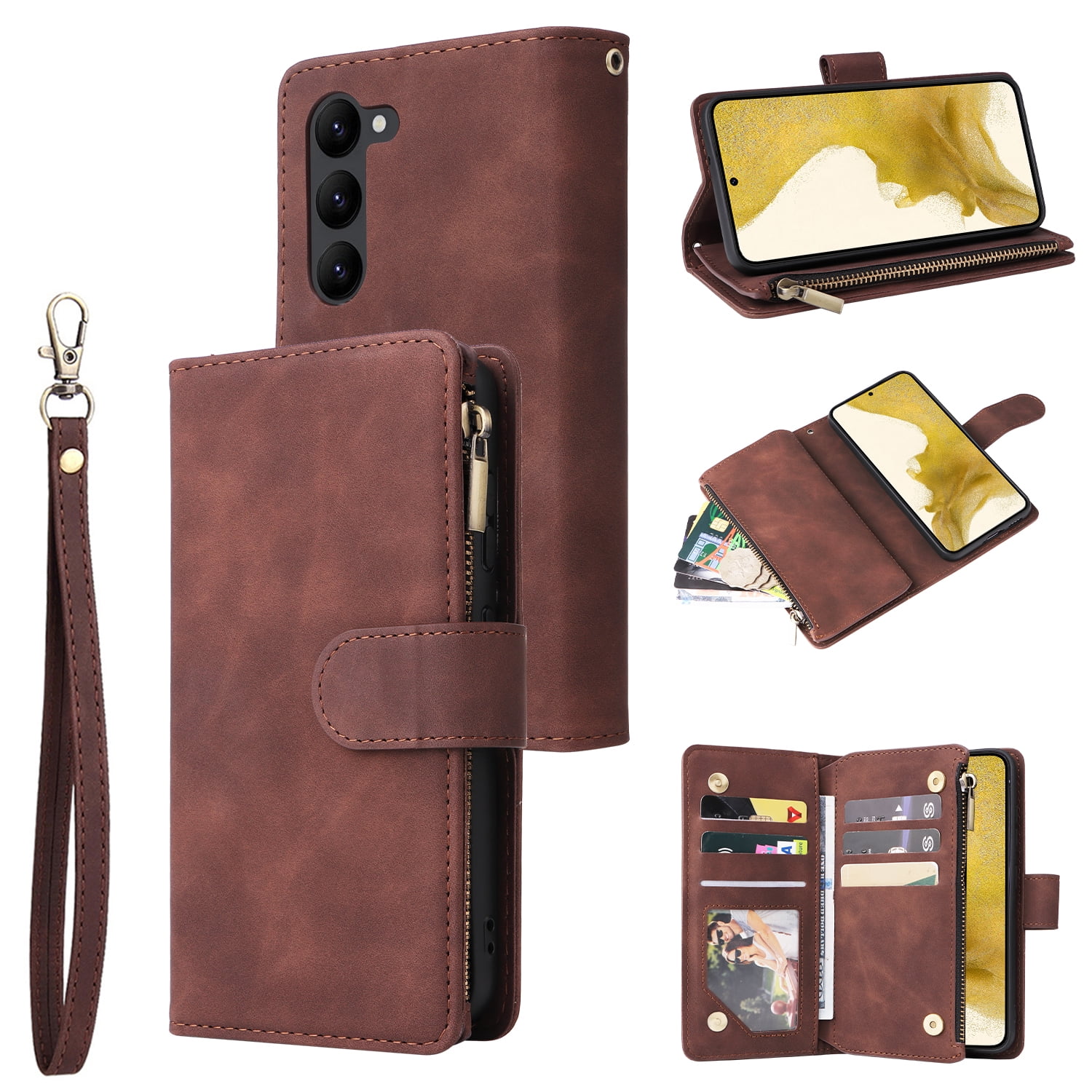 Phone Case for Samsung Galaxy S25, Galaxy S25 Wallet Case with Zipper for Women and Men, PU Leather Magnetic Buckle Flip Kickstand Closure Wrist Strap Zipper Card Holder Phone Cases, Coffee