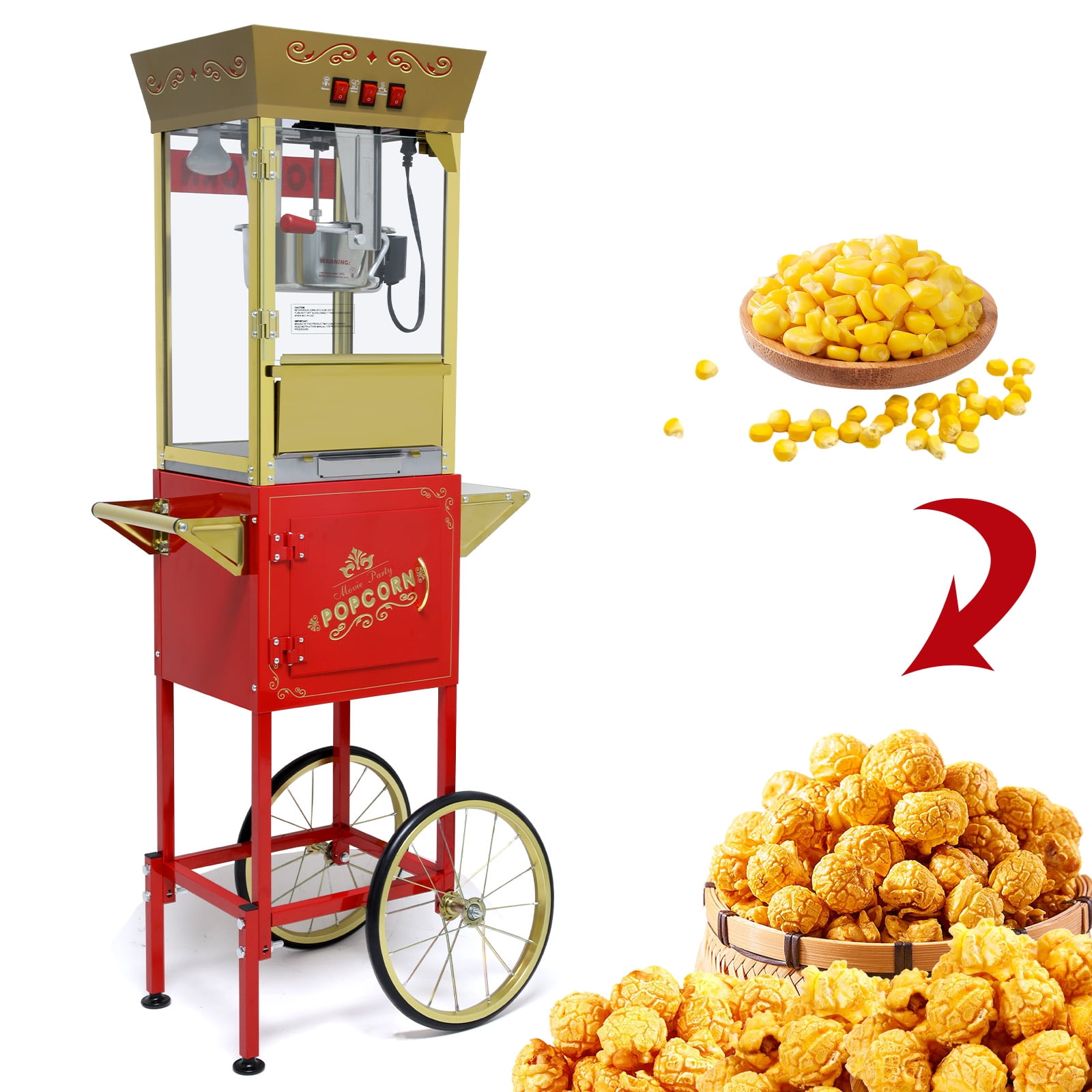Aukfa Popcorn Machine with Cart, Popcorn Maker with 12 Oz Kettle Makes Up to 80 Cups for Commercial Home Movie Theater, Red