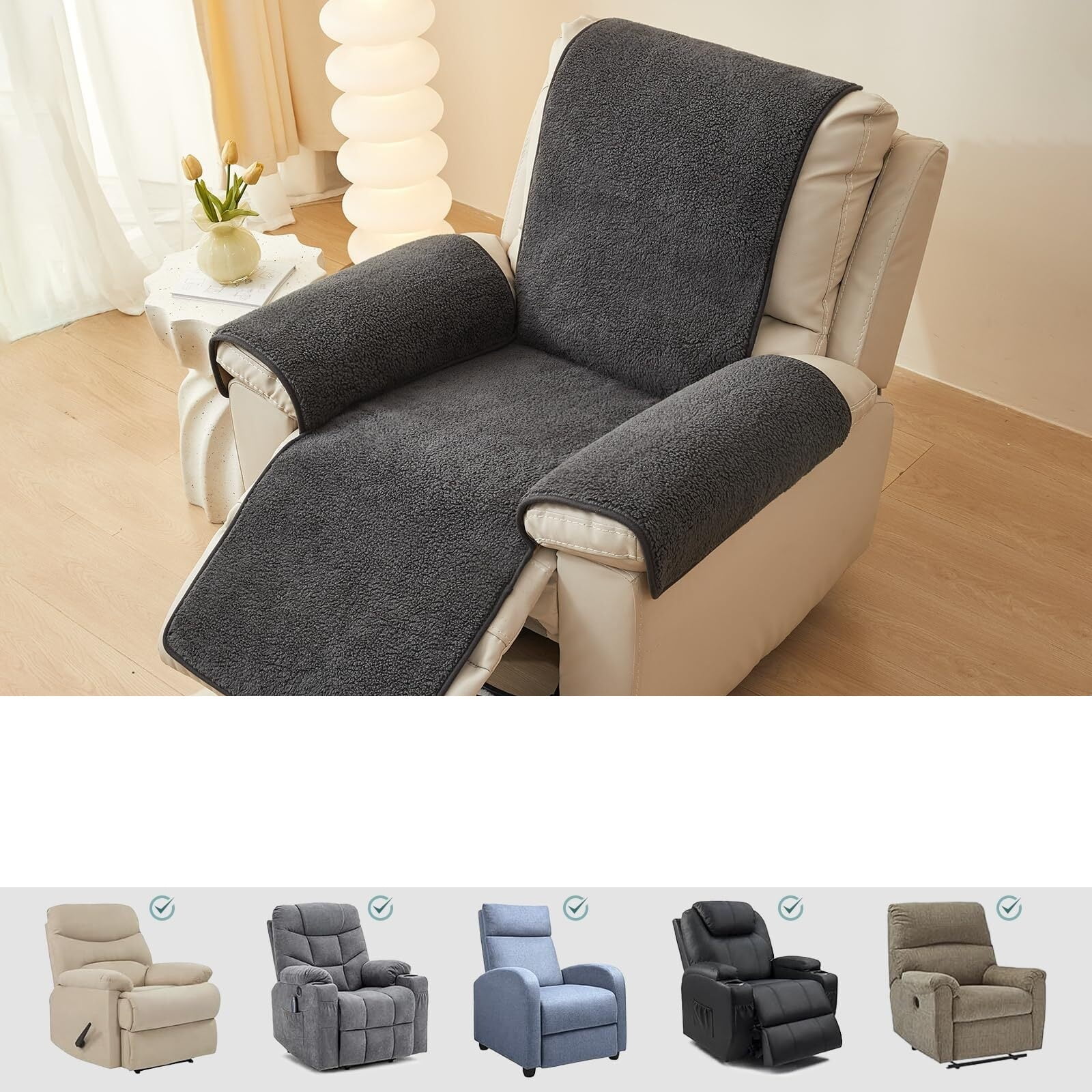 Recliner Chair Covers Fleece Soft Warm Sofa Slipcover Furniture Protector Non-Slip Washable Reclining Chair Cover for Kids, Pets