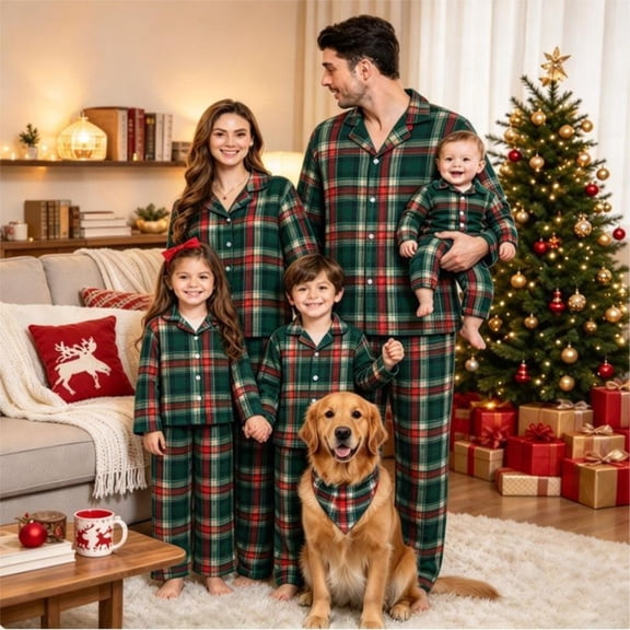 Kelon Family Christmas Pajamas Matching Sets Xmas Pjs, Cute Holiday Green Red Tartan Plaid Button Down Long Sleeve Sleepwear, Holiday 2 Piece Loungewear