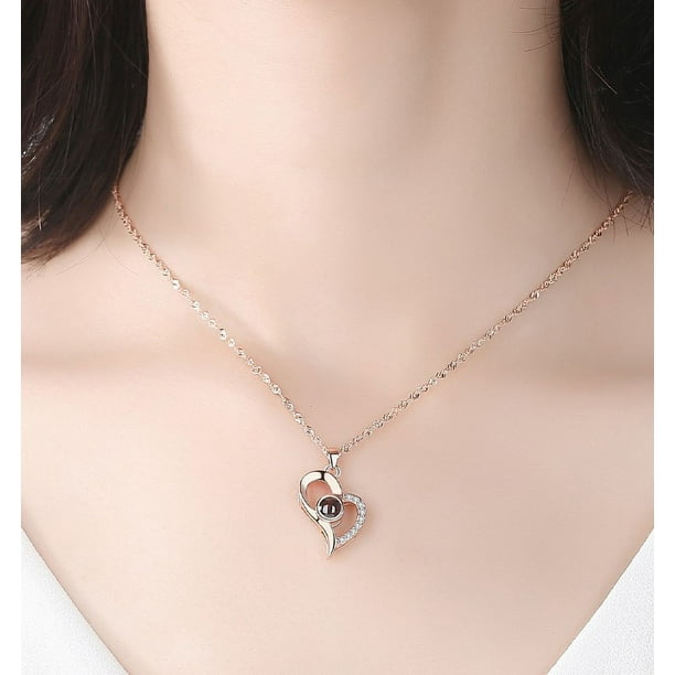 Collar de proyección en forma de corazón de joyería de plata de ley 925 para mujer, cadena de clavícula con 100 idiomas "Te amo"
