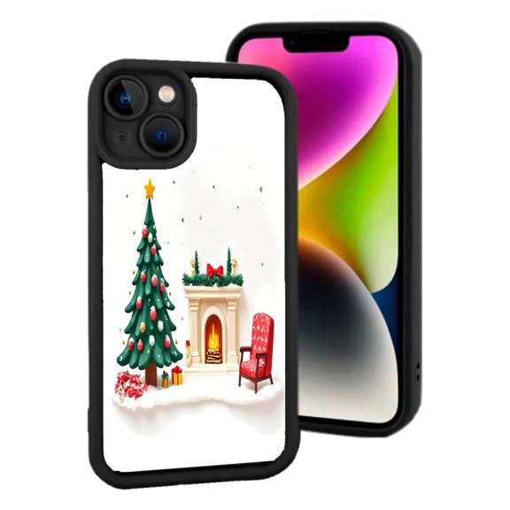 Festive Christmas Scene iPhone 15 Case - Yellowing Resistant Lightweight with Decorated Tree Cozy Fireplace & Snowy Background