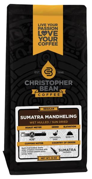 Sumatra Mandheling Regular Non-Flavored Regular Whole Bean Christopher Bean Coffee, 100% Arabica, No Sugar, No Fats, 12 Oz Bag of coffee