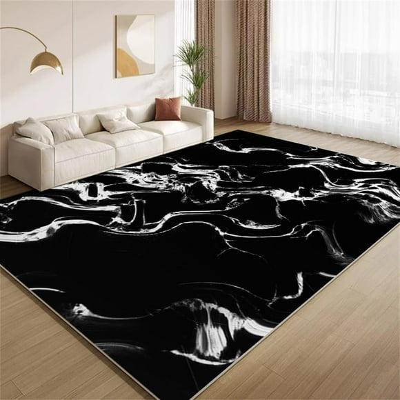 Minimalist Marble Art Area Rugs, Black White Carpet, Washable Non Slip Low Pile Soft Rug for Living Room Bedroom Apartment Decor Mat 5ftx7ft