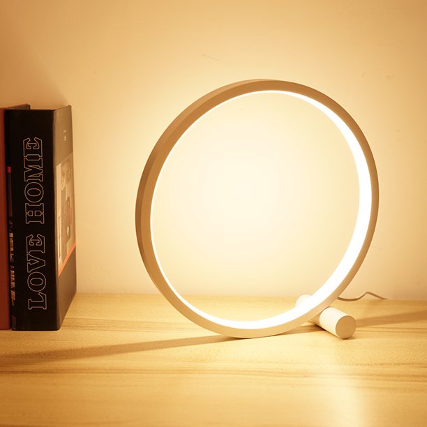 lámpara de escritorio regulable, diseño de luz de anillo con base de madera, puerto USB, luz de mesita de noche para sala de estar, oficina, lectura, 10 niveles de brillo, 4000 K