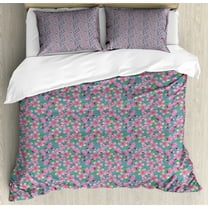 Cherry Blossom King Size Duvet Cover Set, Japanese Nature Inspired Sakura the Symbol of Renewal and Hope, Decorative 3 Piece Bedding Set with 2 Pillow Shams, Blue Grey Green and Pink, by Ambesonne