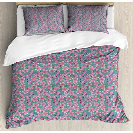 Cherry Blossom King Size Duvet Cover Set, Japanese Nature Inspired Sakura the Symbol of Renewal and Hope, Decorative 3 Piece Bedding Set with 2 Pillow Shams, Blue Grey Green and Pink, by Ambesonne