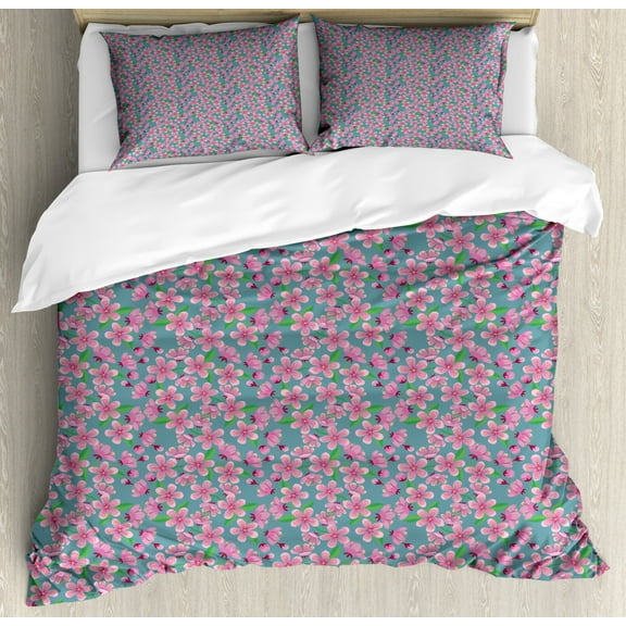 Cherry Blossom King Size Duvet Cover Set, Japanese Nature Inspired Sakura the Symbol of Renewal and Hope, Decorative 3 Piece Bedding Set with 2 Pillow Shams, Blue Grey Green and Pink, by Ambesonne