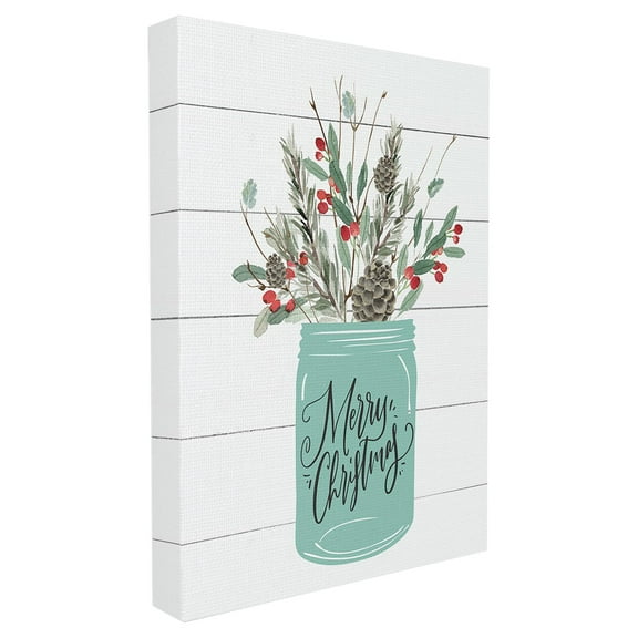 The Stupell Home Decor Collection Holiday Merry Christmas Mason Jar with Holly and Pinecones Stretched Canvas Wall Art, 16 x 1.5 x 20
