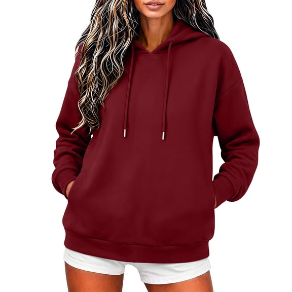 Oiangi Women's Hoodies with Pockets Long Sleeve Drawstring Sweatshirt Fall Lightweight Basic Pullover Wine XL