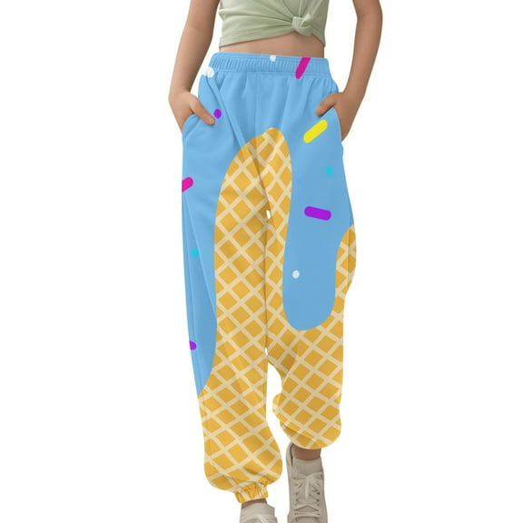 Girls Boys Pants Elastic Waistband Sweatpants With Melting Ice Cream Cone Pattern Funny Jogging Baseball Style Sports Pants Sky Blue 10-11 Years