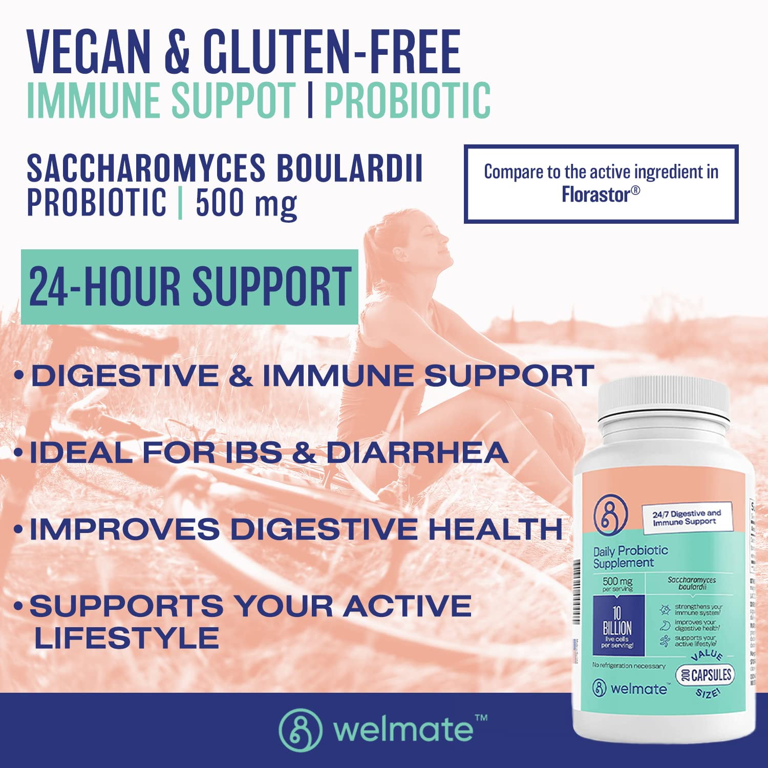 WELMATE Daily Probiotic Supplement 10 Billion CFU Saccharomyces Boulardii Probiotics, 200 Capsules