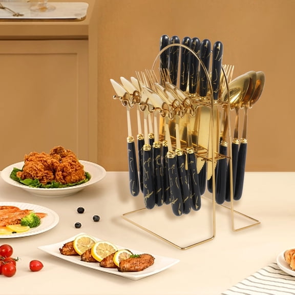 Stainless Steel Silverware Set With Hanging Holder Service For 6 Mirror Polished Flatware Cutlery Utensils 24 Pcs (black )