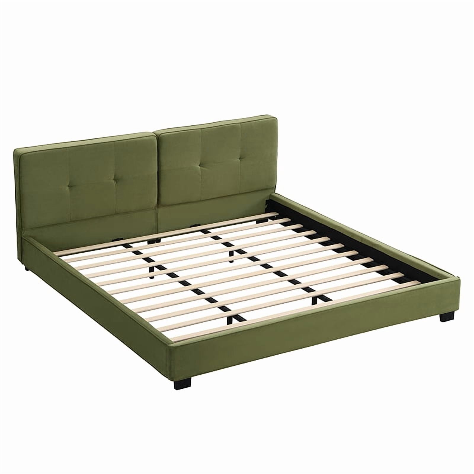 King Size Velvet Upholstered Bed Frame, Platform Bed with Curved Tufted Headboard & Soft Square Corners for Bedroom, Olive Green