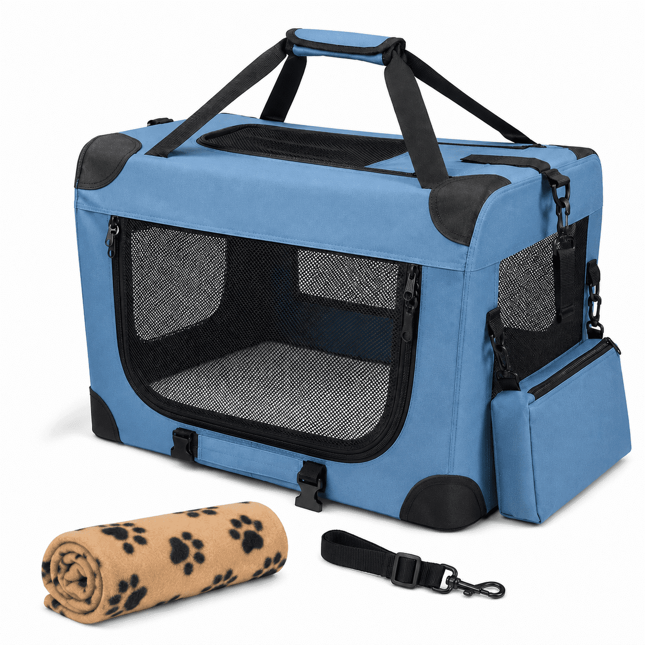 PETSPARX Portable Collapsible Soft Dog Crate, 24" x 17" x 17", Foldable Travel Pet Carrier with Washable Mat and Warm Blanket