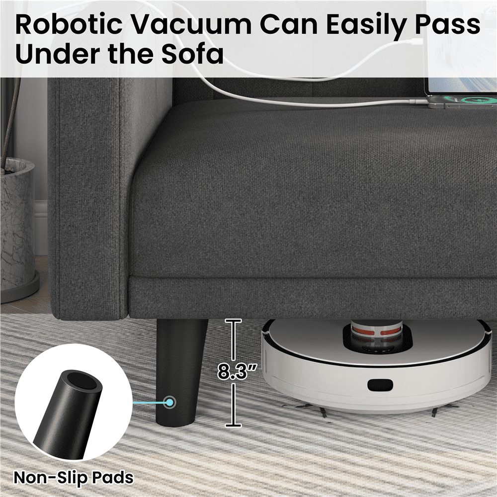Renwick 63in Convertible Futon Sofa Bed with USB Ports for Living Room, Dark Gray
