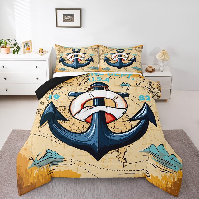 Erosebridal Vintage Anchor Bedding Sets Full with Comforter, Retro Nautical World Map Duvet Insert, Reversible 3pcs