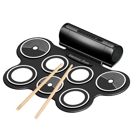 Portable Roll Up Drum Pad Set Kit with Built-in Speaker - Digital Electronic Foldable Flexible Silicone Sheet 7 Pads with Drum Stick and Foot Switch Pedal Supports USB MIDI