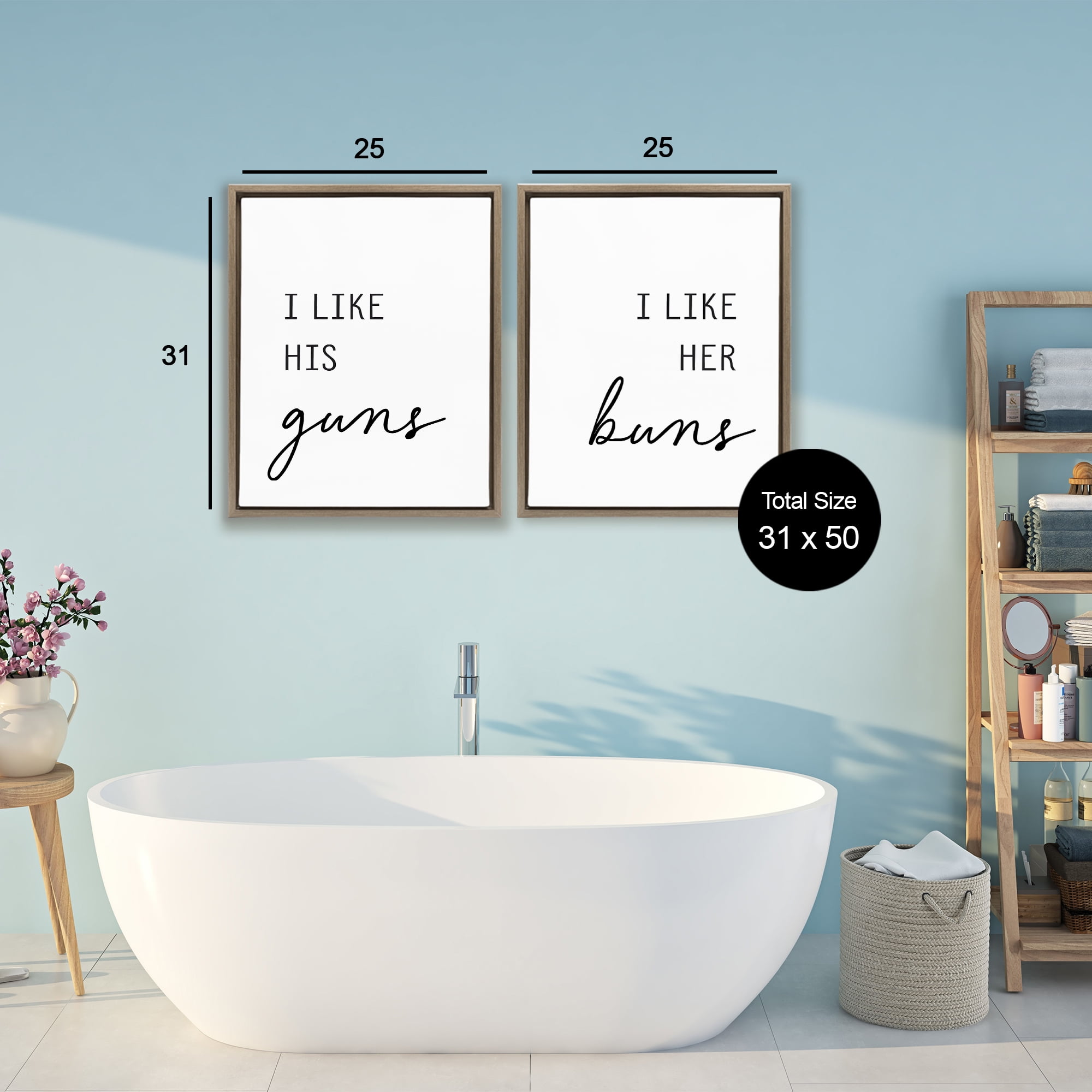 Like His Guns & Her Buns 2 Piece Brown Framed Floater Canvas Set, design by Lettered and Lined