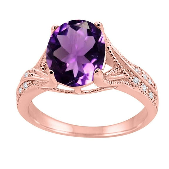 Mauli Jewels Rings for Women 2.46 Carat Oval Cut Amethyst and Diamond Antique Ring 4-Prong 10K Rose Gold